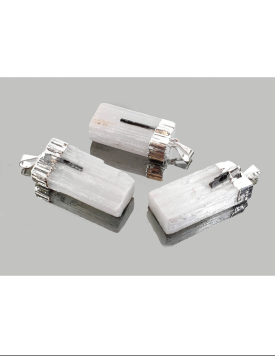 Colgante Barra de Selenita y Turmalina Negra en Plata – Protección, Limpieza Energética y Armonía Interior