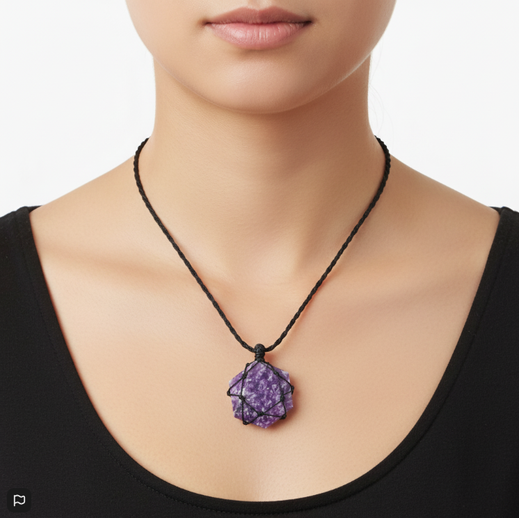 Colgante Hexagonal Lepidolita Entrelazada – Calma, Equilibrio Emocional y Conexión Espiritual