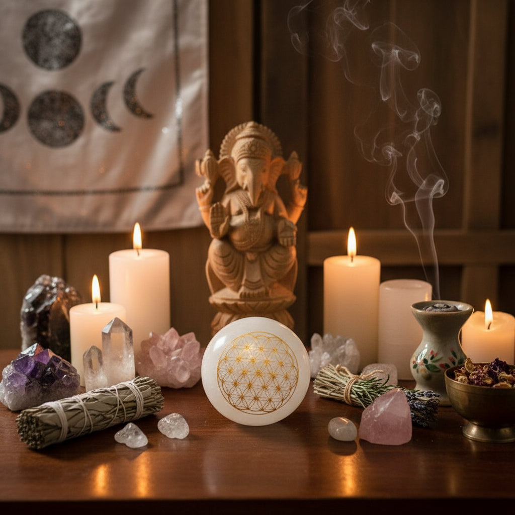 Esfera de selenita grabada 10cm - Flor de la Vida