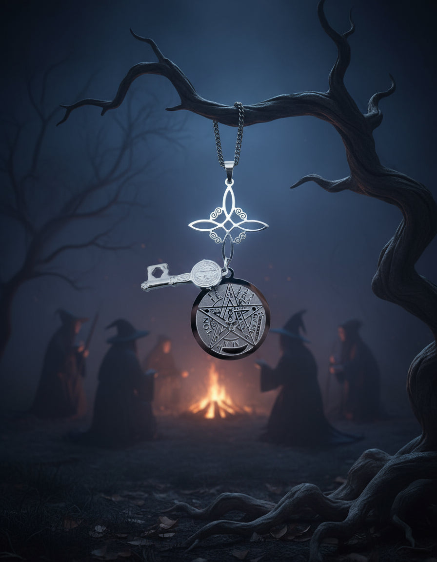 Colgante Triple Protección,Nudo de Brujas con Tetragramatón Y Llave de San Benito