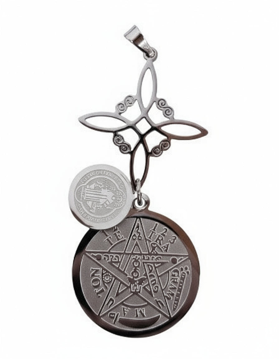 Colgante Triple Protección,Nudo de Brujas con Tetragramatón Y Medalla de San Benito