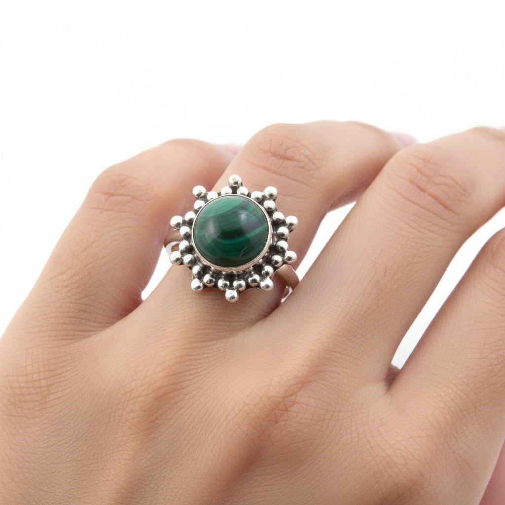 Anillo Ajustable Flor en Plata de ley con Malaquita