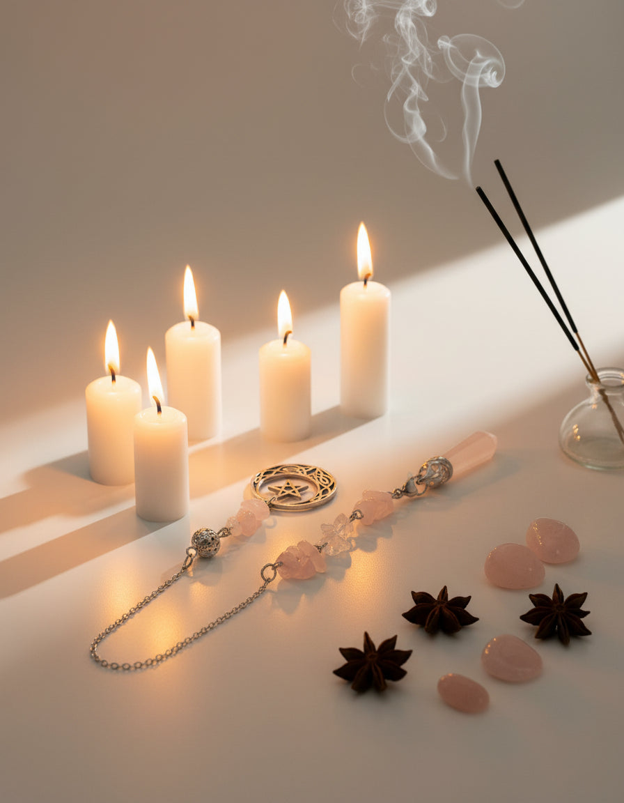 Péndulo de Cuarzo Rosa con Pentagrama – Herramienta de Radiestesia para Amor, Protección y Conexión Espiritual