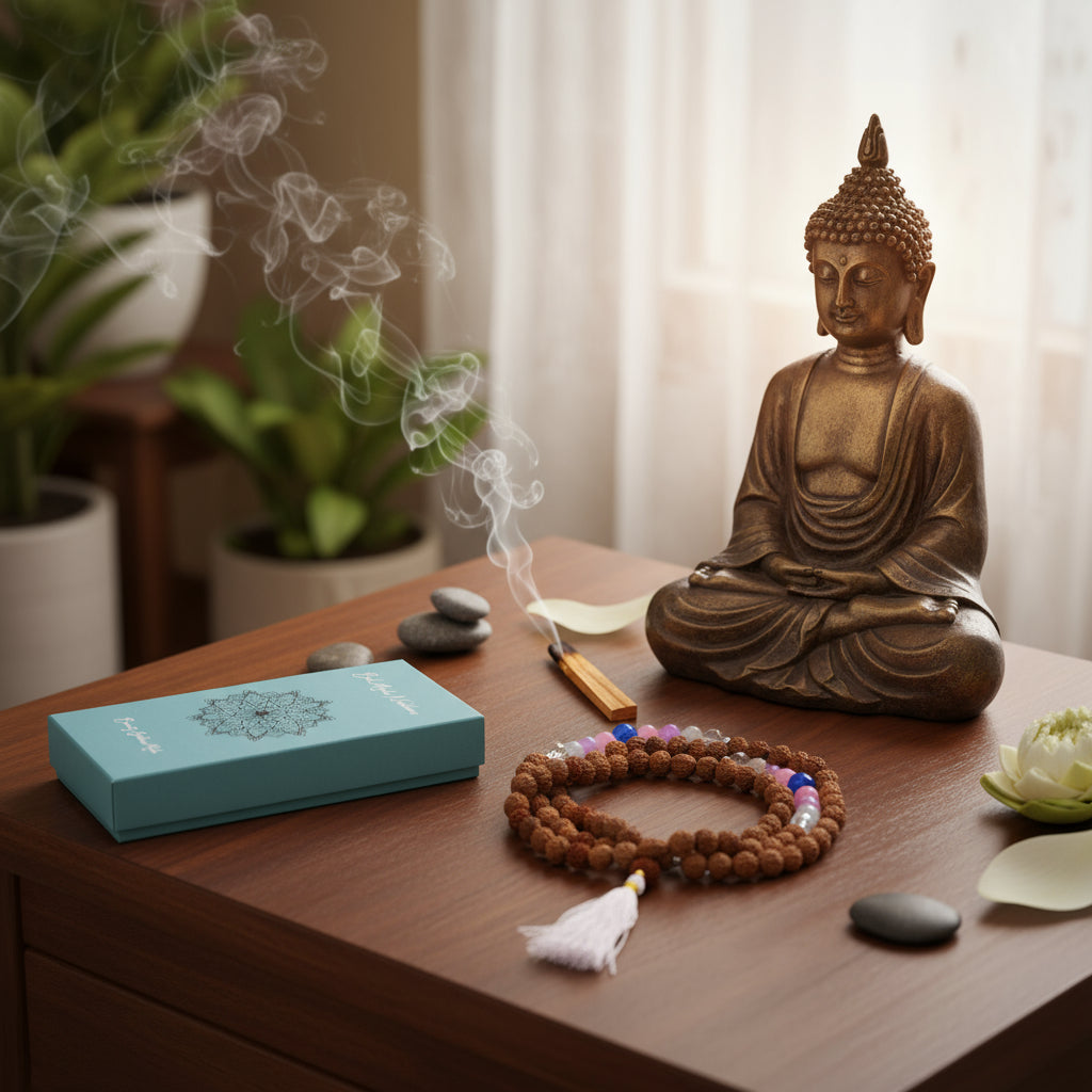 Mala de Bali con Rudraksha y Cuarzo – Diosa de la Belleza, Joya Espiritual para Armonía y Meditación