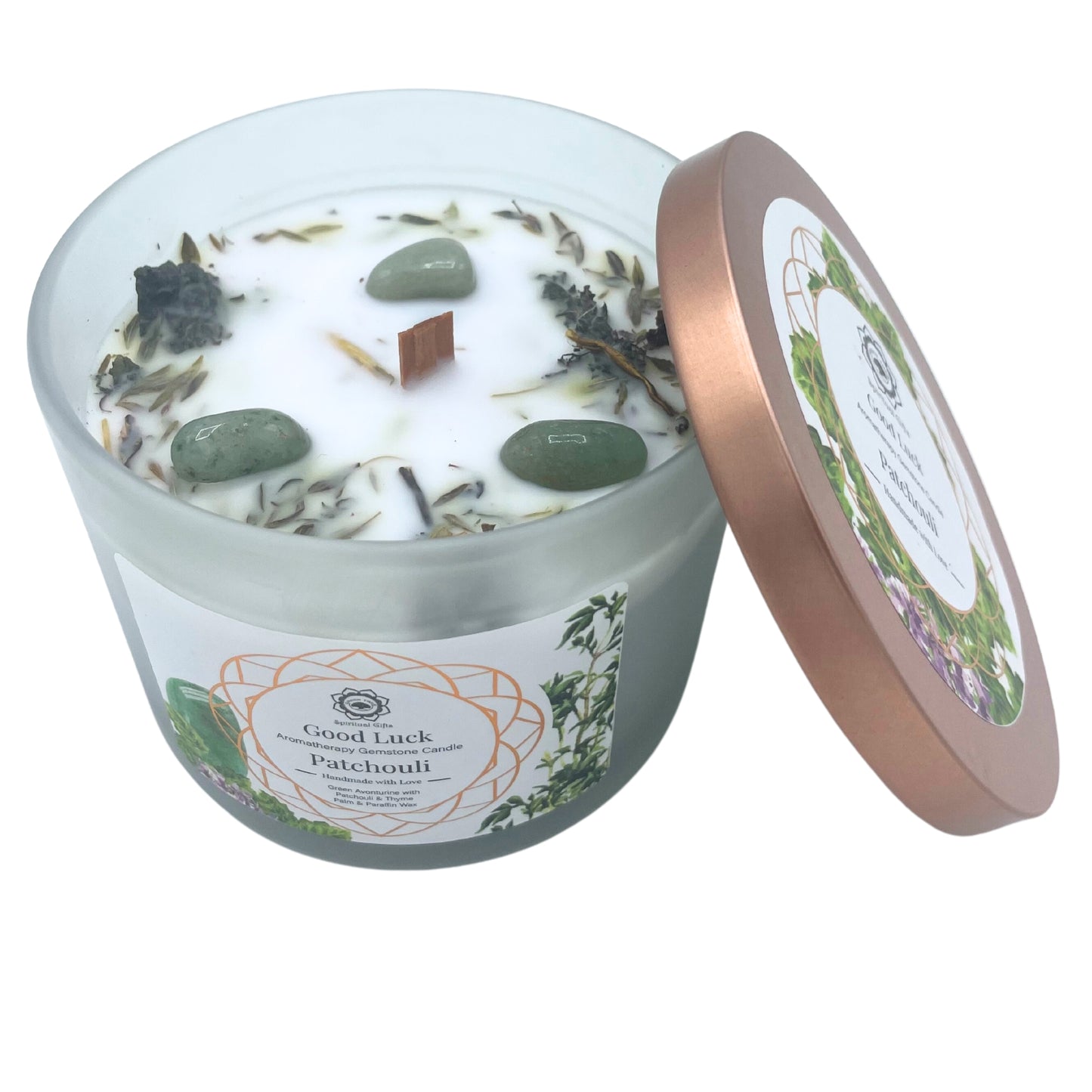 Vela de Pachulí y Piedra Preciosa Aventurina Verde - Buena Suerte