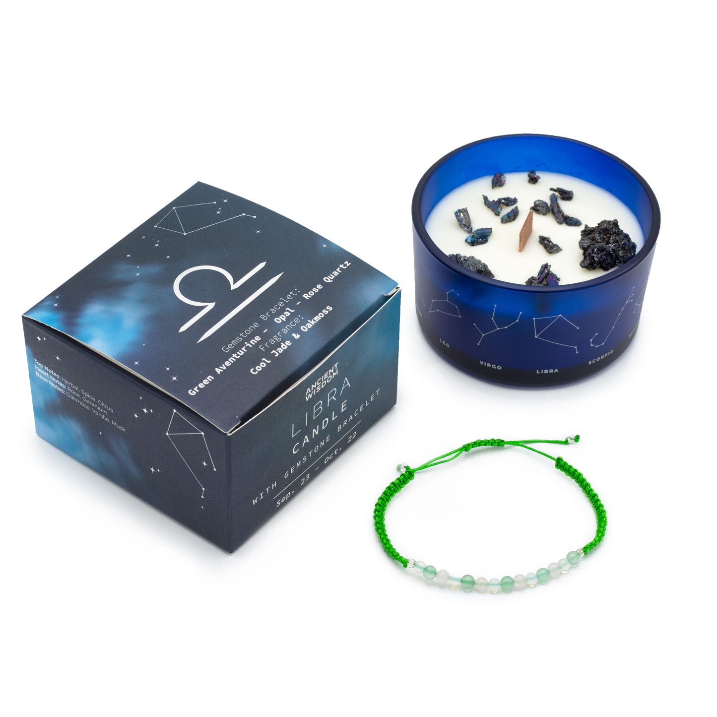Vela de cera de soja Cristal del Zodíaco con Pulsera de Piedras Preciosas - Libra
