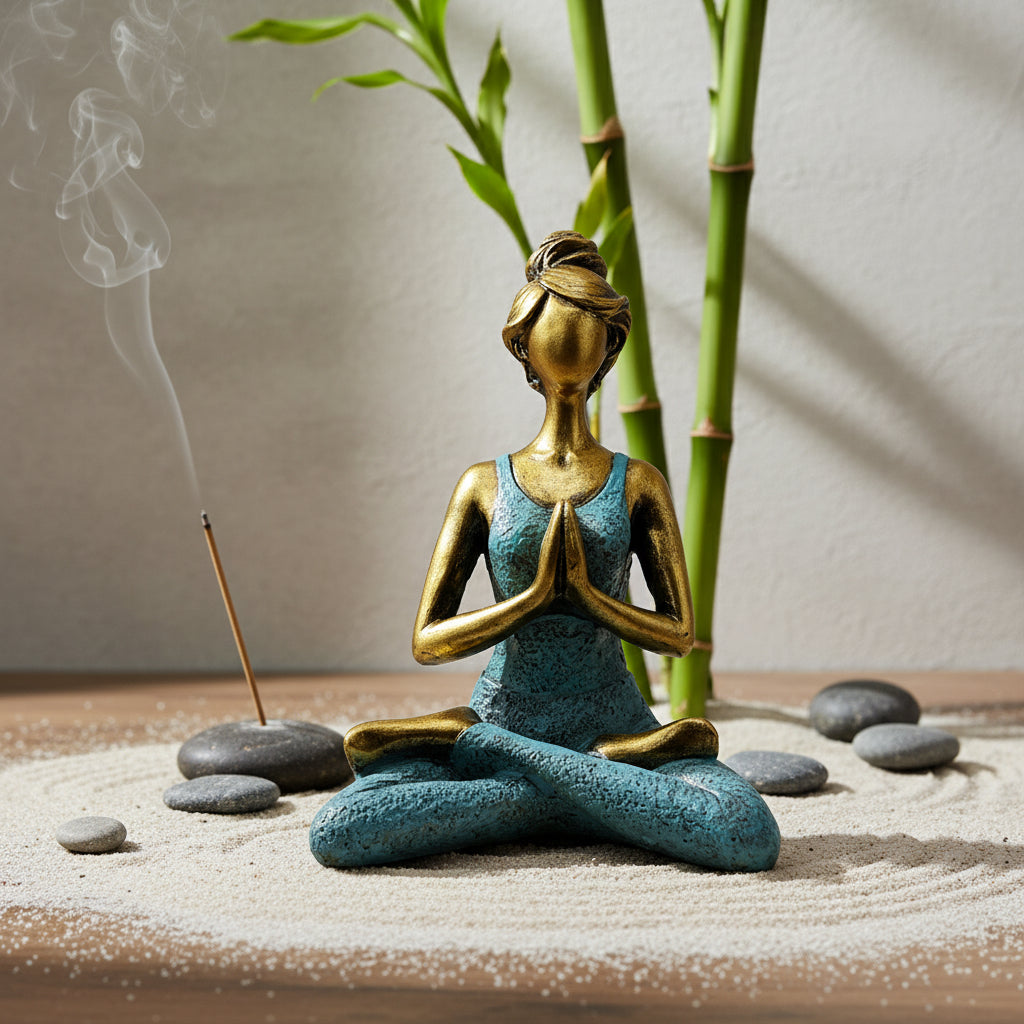 Figura Yoga Mujer en Bronce y Turquesa – Escultura Decorativa de 24cm para Espacios Zen