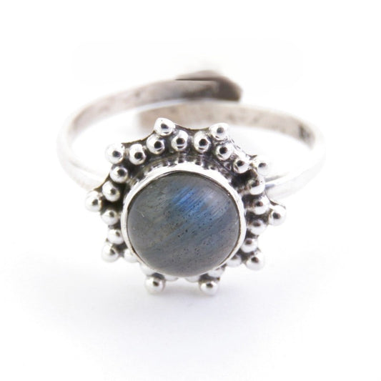 Anillo Ajustable Flor en Plata de primera ley  con Labradorita