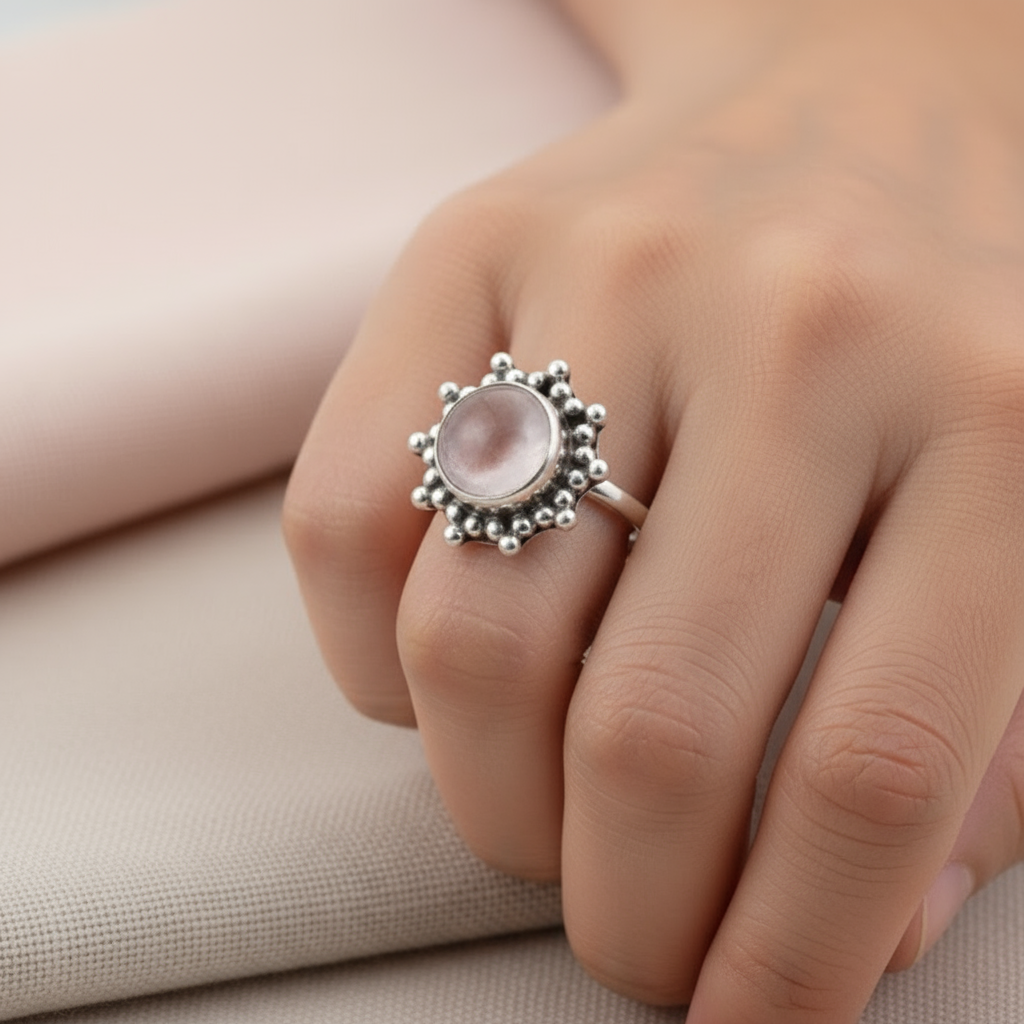 Anillo Ajustable Flor en Plata de primera ley con Cuarzo Rosa