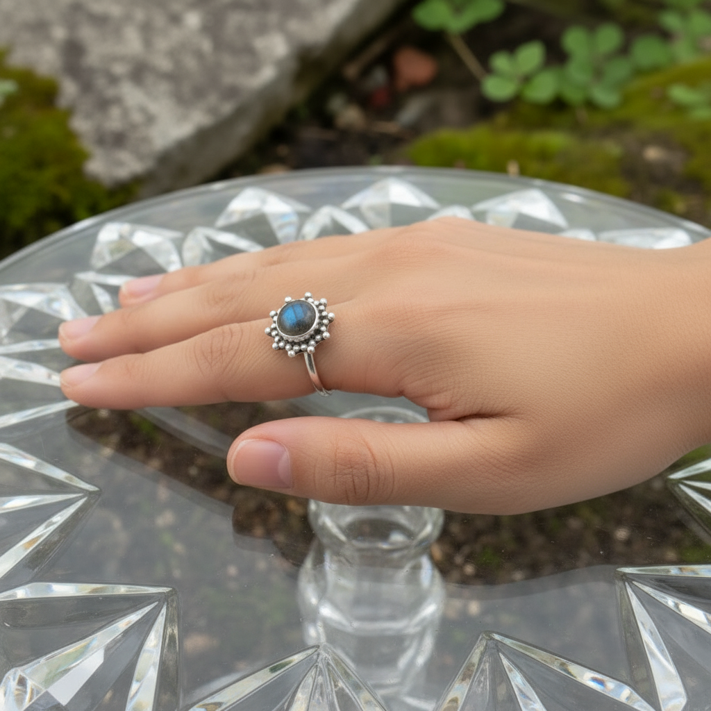 Anillo Ajustable Flor en Plata de primera ley  con Labradorita