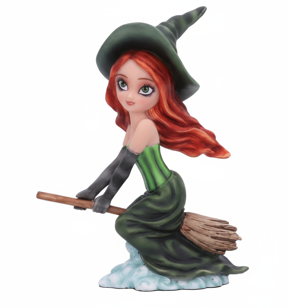 Dolly-Bruja Flying Pintada a Mano – Figura Artesanal de Bruja Voladora para Decoración Mágica