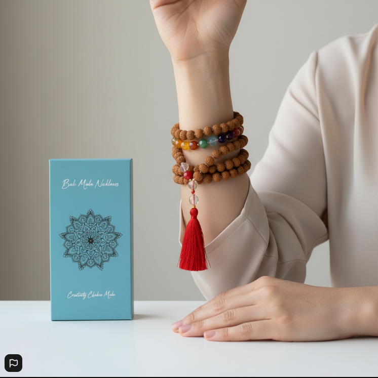Mala de Bali Aura Chakra con Rudraksha y Cuarzo – Joya Espiritual para Meditación, Equilibrio y Energía Vital