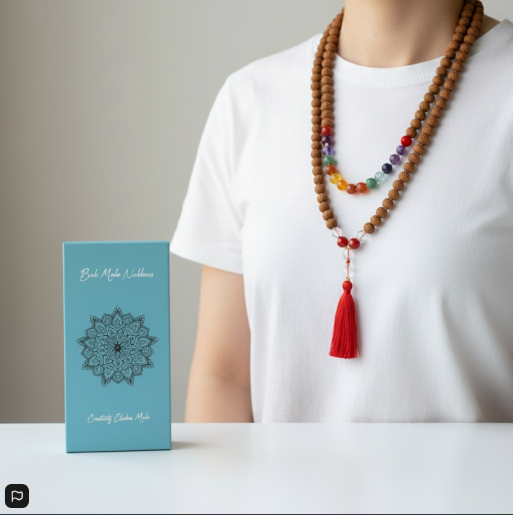 Mala de Bali Aura Chakra con Rudraksha y Cuarzo – Joya Espiritual para Meditación, Equilibrio y Energía Vital