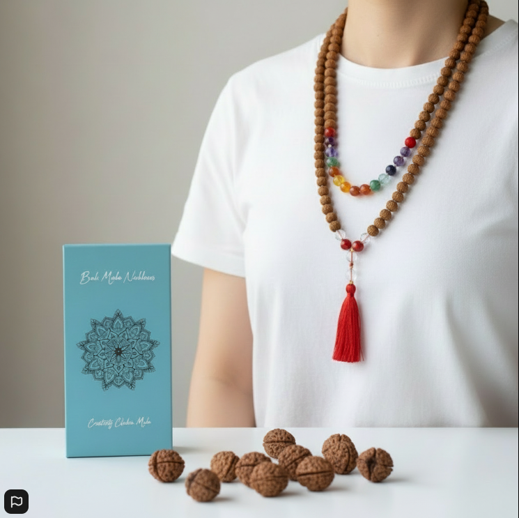 Mala de Bali Aura Chakra con Rudraksha y Cuarzo – Joya Espiritual para Meditación, Equilibrio y Energía Vital