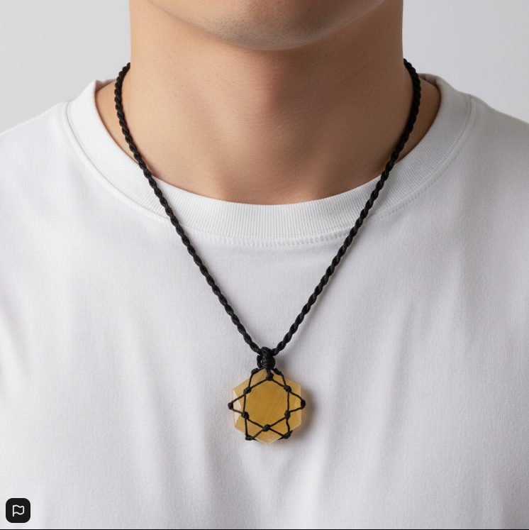 Colgante Hexagonal Cuarzo Amarillo Entrelazado – Energía Vital, Prosperidad y Claridad Mental