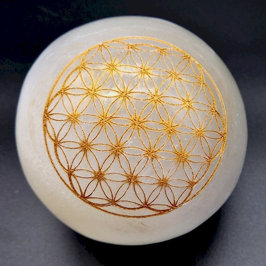 Esfera de selenita grabada 10cm - Flor de la Vida