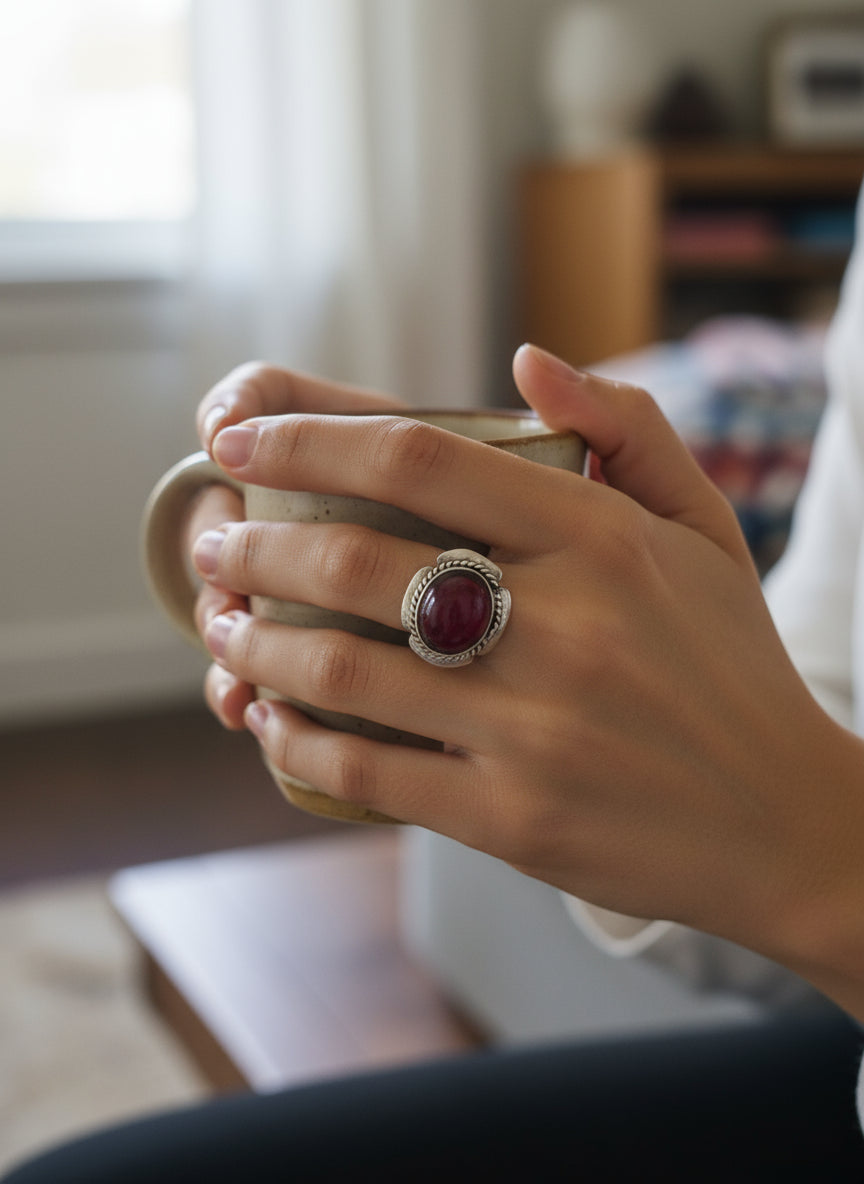 Anillo Adaptable con Granate en Plata – Joya para Fuerza Interior, Pasión y Protección Energética