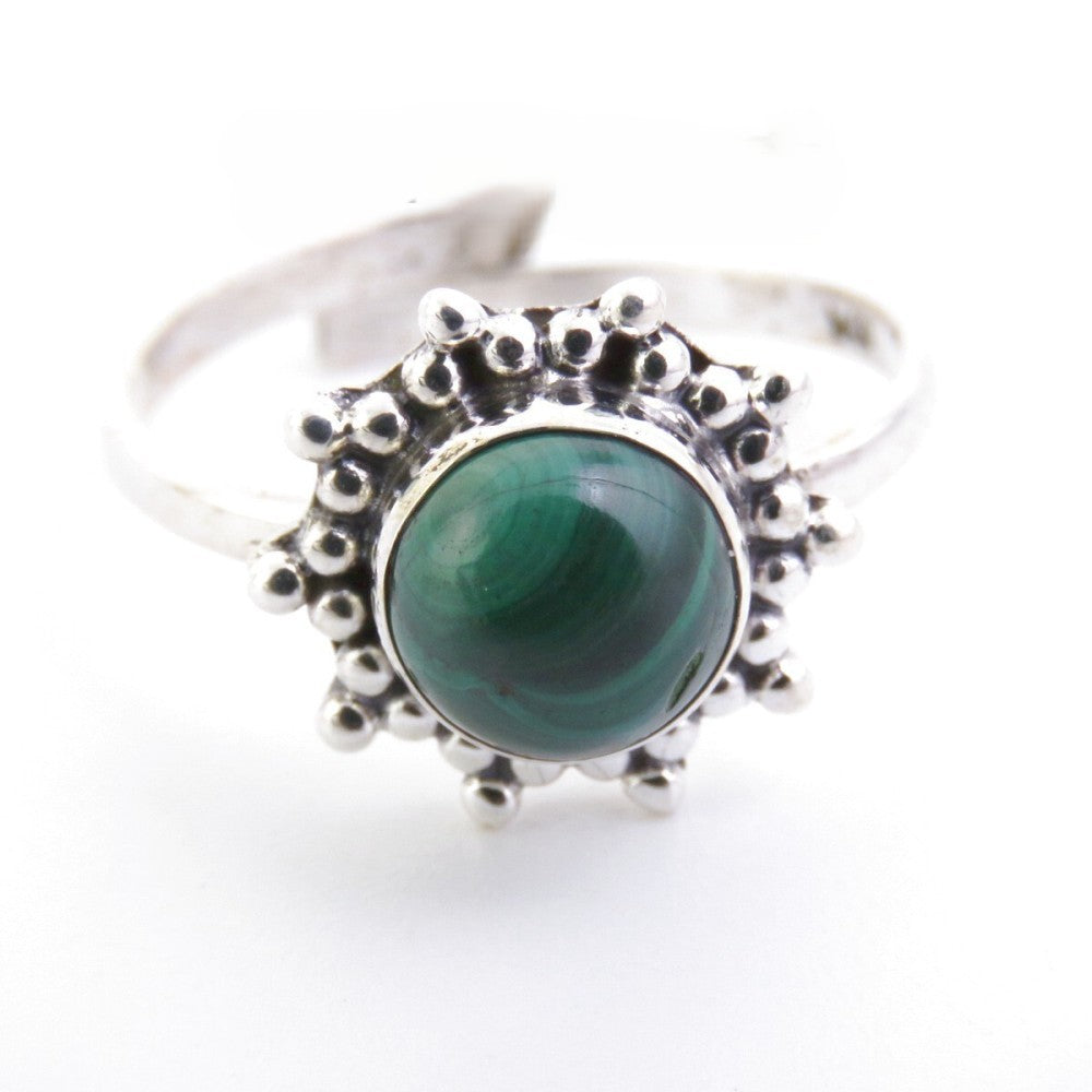 Anillo Ajustable  Flor en  Plata de ley con Malaquita