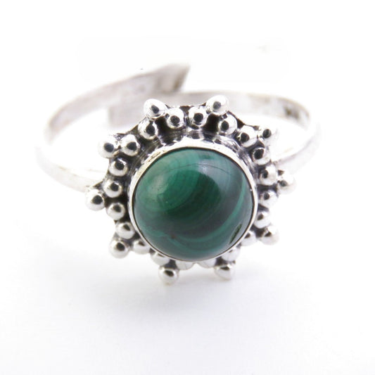 Anillo Ajustable  Flor en  Plata de ley con Malaquita