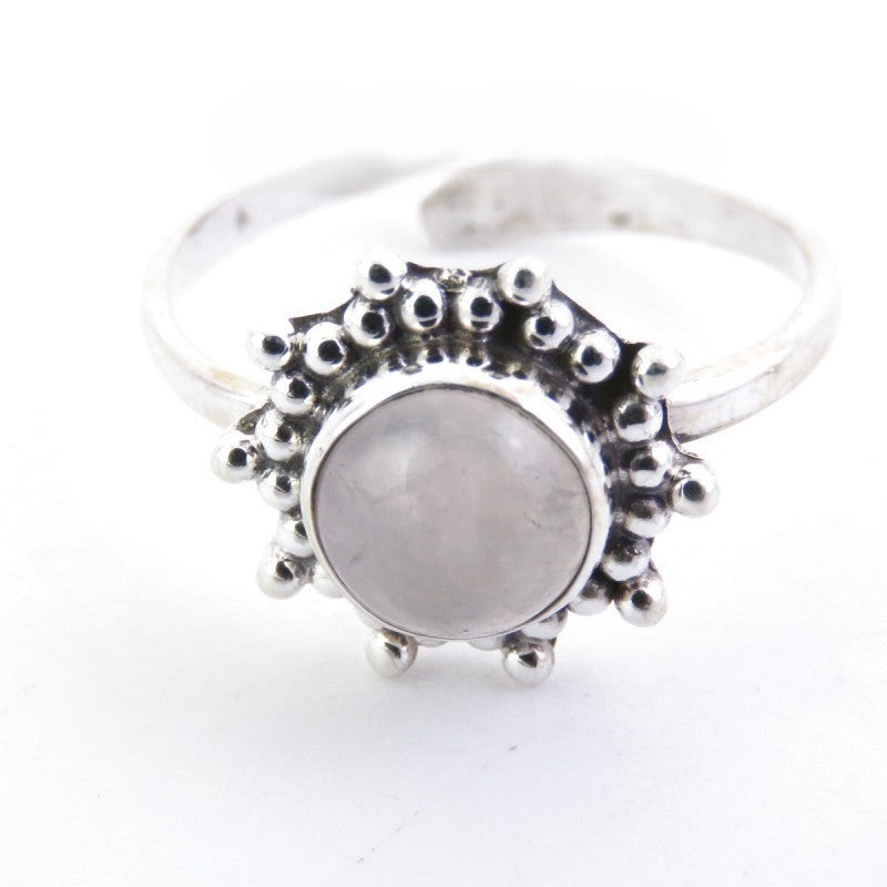 Anillo Ajustable Flor en Plata de primera ley con Cuarzo Rosa
