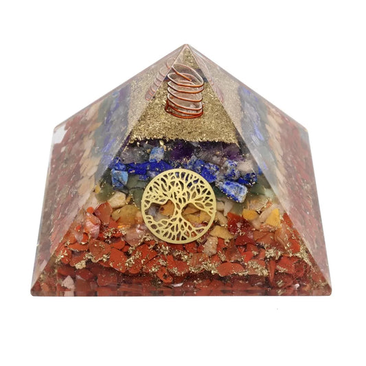 Pirámide Orgonita de Chakras en Resina con Árbol de la Vida 8x8cm