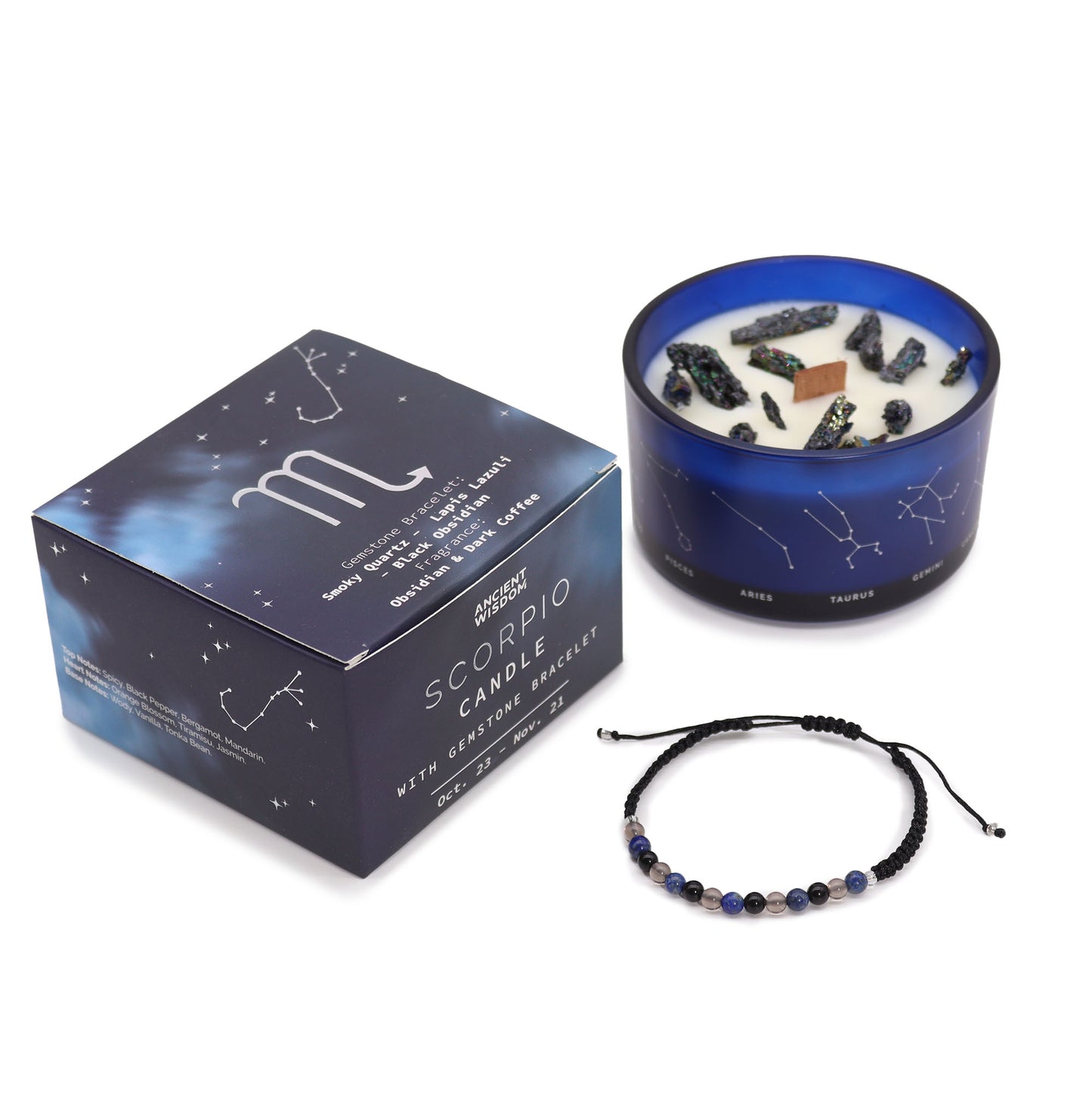 Vela de cera de soja Cristal del Zodíaco con Pulsera de Piedras Preciosas - Escorpio