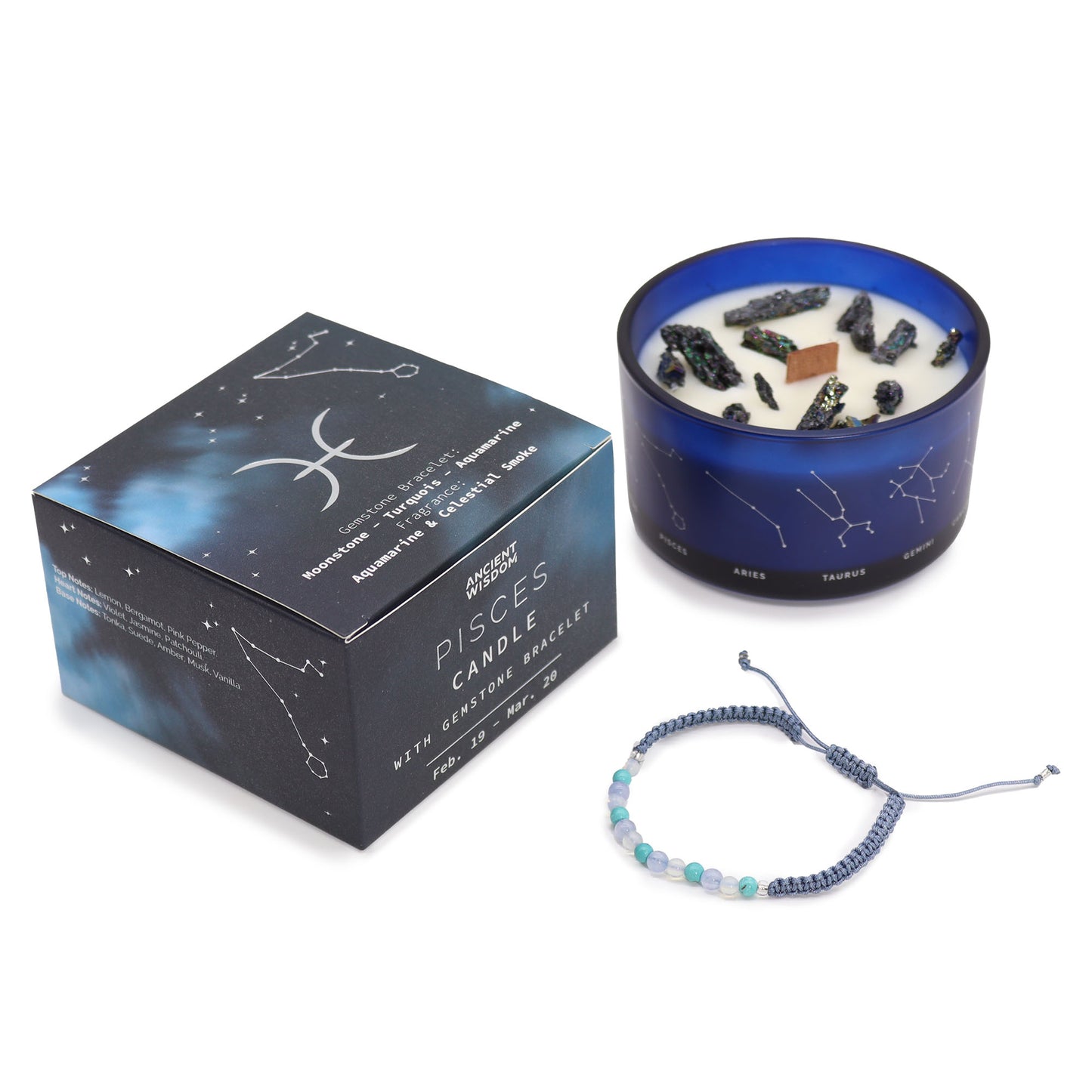 Vela de cera de soja Cristal del Zodiaco con Pulsera de Piedras Preciosas - Piscis